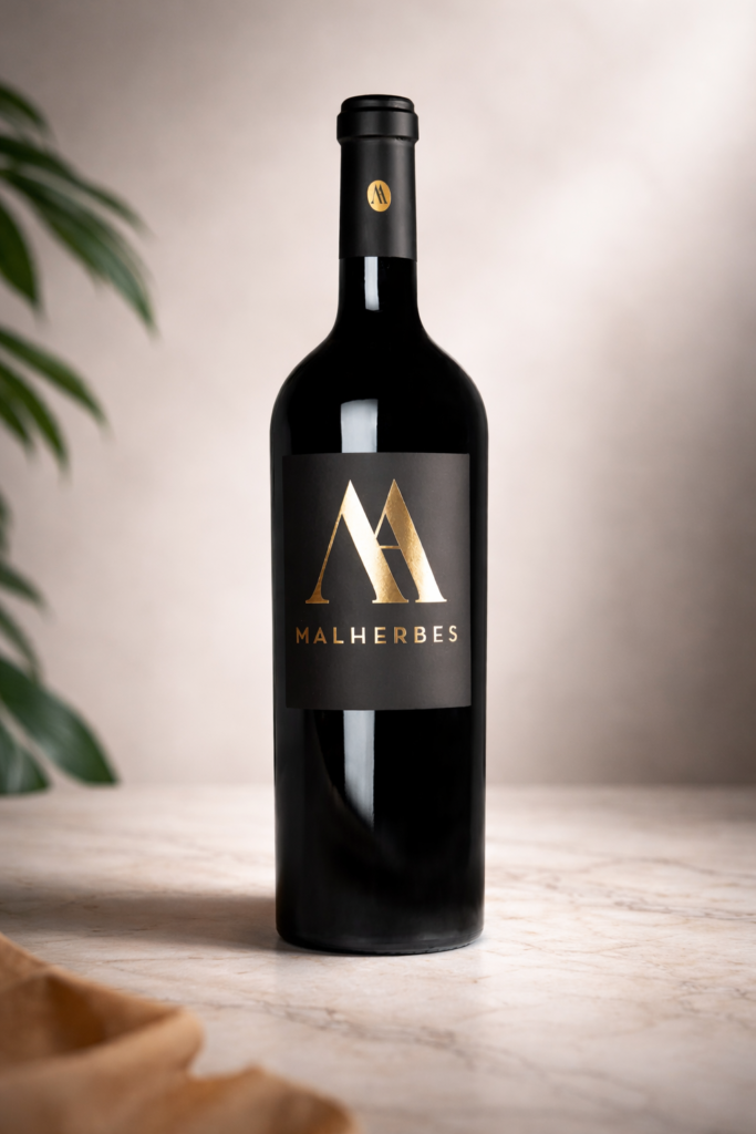 Rotweinflasche Bordeaux auf elegantem Tisch mit weichem Licht